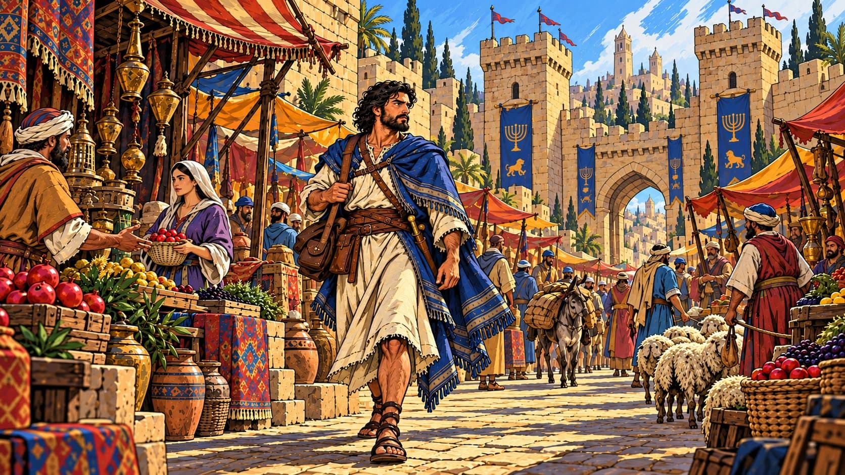 Warriors of the Covenant adventurers in an ancient city market